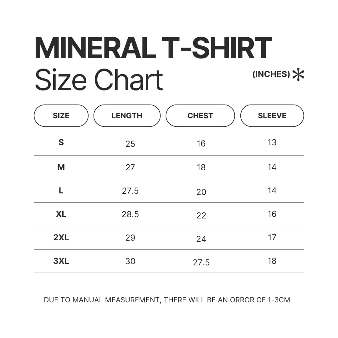 Mineral Wash T shirt Size Chart - Uzumaki Merch